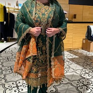 Elegant Green and Orange Embroidered Dress